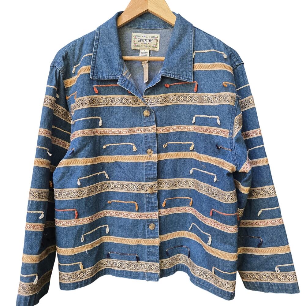 NWT Tantrums Women Vtg 90s Boho Statement Embroidered Tapestry Denim Jacket M